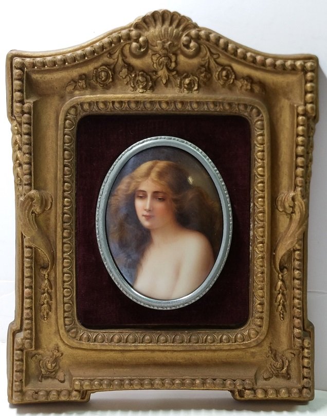 Antique Lady Portrait after Reynolds Plaque Art Pottery: Antique Lady Portrait after Reynolds Continental Hand Painted Porcelain Art Pottery Framed Plaque. Provenance: Acquired from the local estate of a central Florida business and community leader known t