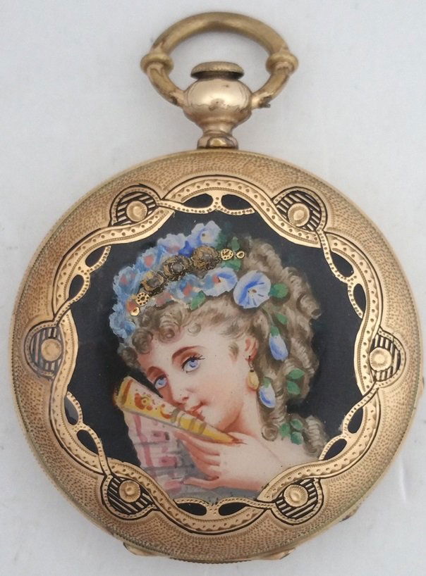 14k Gold Enamel Lady Portrait Swiss Pocket Watch (1 of 9)