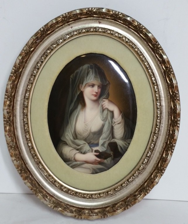 Beautiful Antique Classical Woman Hand Painted Plaque: Beautiful Antique Classical Seated Woman with Oil Lamp . Provenance: Acquired from the local estate of a central Florida business and community leader known to family, friends and members of the trade