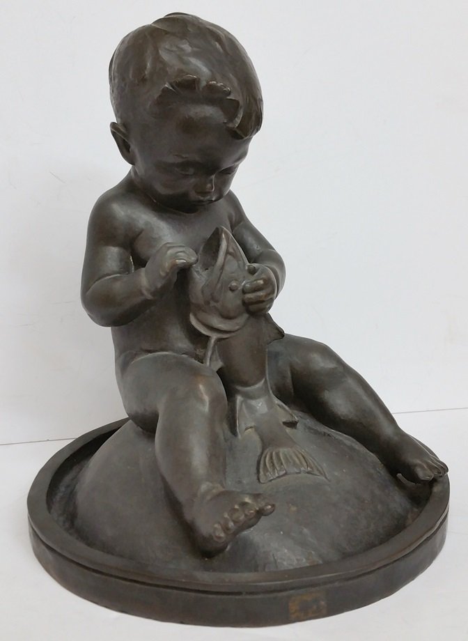 Marion Sanford Boy Fish Bird Bath Fountain Bronze (1 of 8)