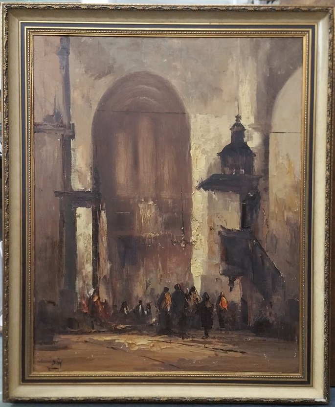 Huge Pieter Dik Cathedral Dutch Vintage Oil Painting: Huge Pieter Dik Cathedral Dutch Vintage Oil Painting. Oil on canvas. Signed bottom left. In good estate condition. Displays minor surface wear and dirt, very minor craquelure, s few spots with paint l
