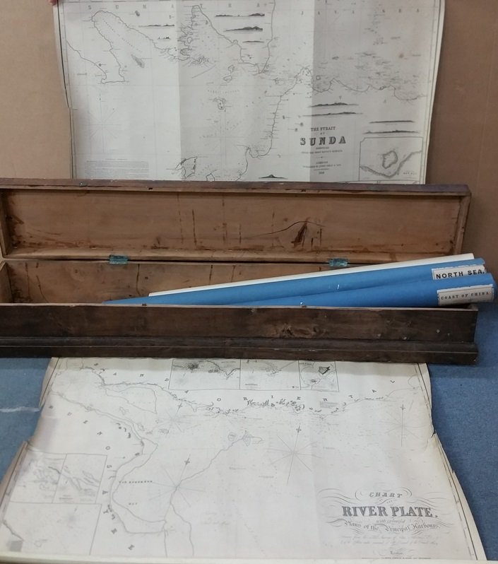 Antique 19c. Nautical Maps James Imray Sons London: Antique 19c. Nautical Maps James Imray Sons London Publisher North Sea China Coast Sudan Strait River Plate. Comes with bone weight. Each map displays toning and foxing, edge wear and tears, box displ