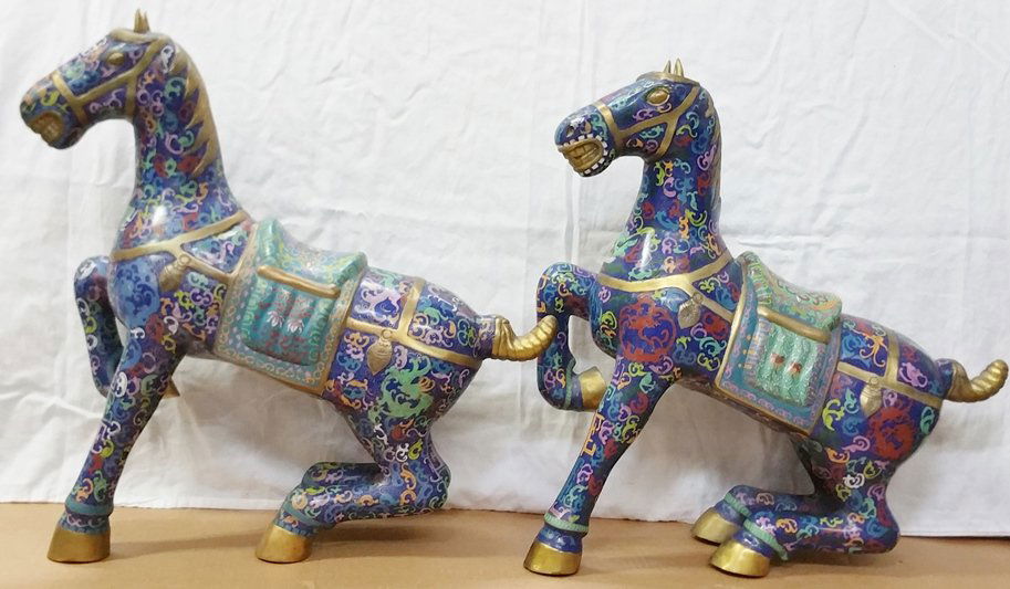 Chinese Cloisonne Enamel Horse Tang Form Statue Pair (1 of 9)