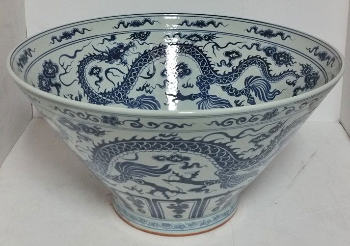 Huge 22.5in Chinese Bowl Blue White Porcelain Dragon (1 of 8)