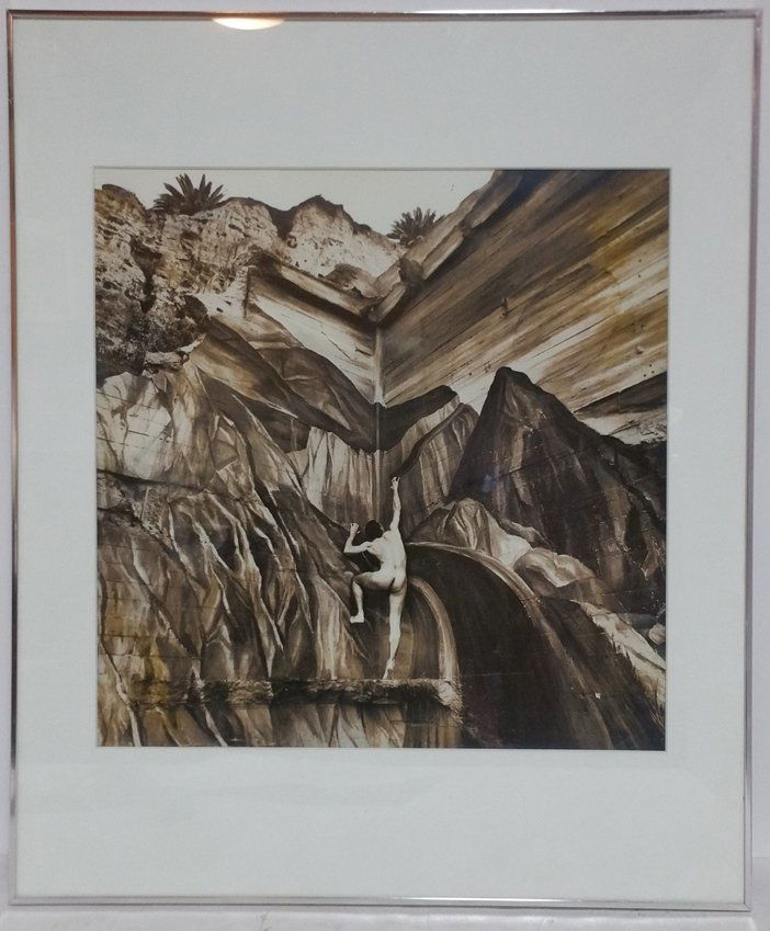 Arthur Tress Mountain Fantasy Nude Male B/W Photograph: Arthur Tress Mountain Fantasy Nude Male Black White Photograph. Frame measures 24.25x20.25 inches, Visible Site Line measures 15.75x15.5 inches. Condition: Glass is a little dirty, not examined out of