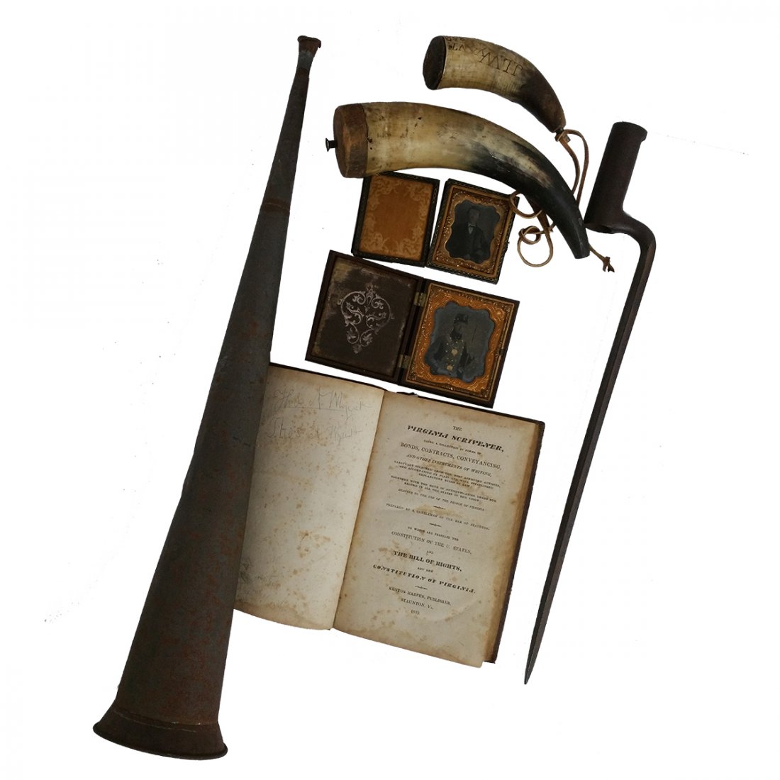 Important Civil War Virginia Civil War History Lot: NOTE: UNFORTUNATELY, THE MAP IS NO LONGER INCLUDED WITH THIS LOT, IT HAS BEEN RETURNED TO THE FAMILY ARCHIVES. Important Civil War Virginia Confederate Wyant Family Daguerreotype Powder Horn History L