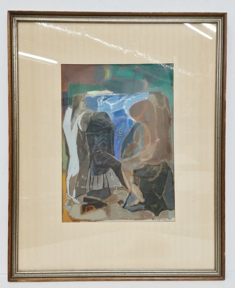 Vintage Peppino Mangravite Pastel Painting Modernist: Described and Photographed by: Amanda HFA VX TUUKDescription: Signed Peppino Gino Mangravite Modernist Painting, Gouache and Pastel on toned paper. The painting shows a number of figures in a modernis