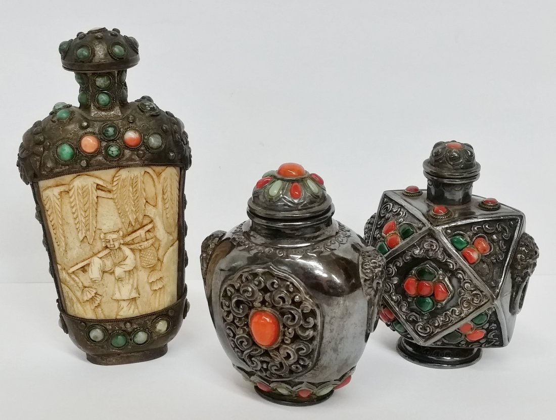 Lot 3 Silver Bronze Stone Set Scent Snuff Bottles: Listed by: Amanda CNX 1114 No 10Title: Lot 3 Silver Bronze Stone Set Scent Snuff Bottles Description: This is a lot of 3 antique snuff bottles from Qing era China. Two of the bottles tested as silver,