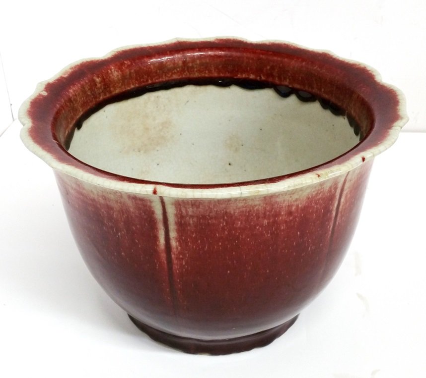 Large 7in Antique Chinese Qing Sang de Bouef Oxblood Fl: Large 7in Antique Chinese Qing Sang de Bouef Oxblood Flambé Vase Planter Lamp CNX 1090 3899Vase form with hole in bottom, possibly drilled for lamp or planter. Displays surface wear, minor scratches,