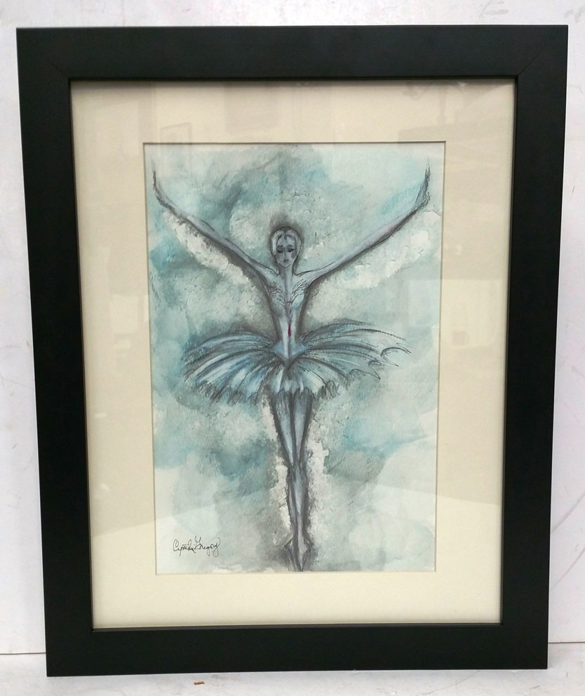 Cynthia Gregory Ballerina Watercolor: Title: Cynthia Gregory Ballerina Watercolor Described By: Nikki CNX 1109 Description: Beautiful Cynthia Gregory ballerina watercolor in great shape. Piece is done in blue hues and small touches of red