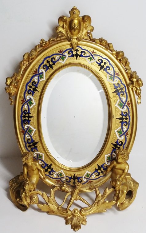 Antique Alphonse Giroux Gilt Bronze French Mirror: Antique Alphonse Giroux The Merchant of Princes French Paris Enamel Cherub Gilt Bronze Mirror. Beautiful! Very nice overall condition,displays minor overall wear, mirror has some spots. Measures 9.5 i