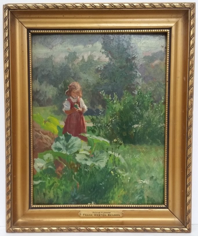 Attrib to Frank Weston Benson Impressionist Painting: Attributed to Frank Weston Benson Girl Floral Impressionist Landscape Picking Flowers Plaque Signature Painting. Oil on board, an apparent signature is at lower right, European language faint auction 