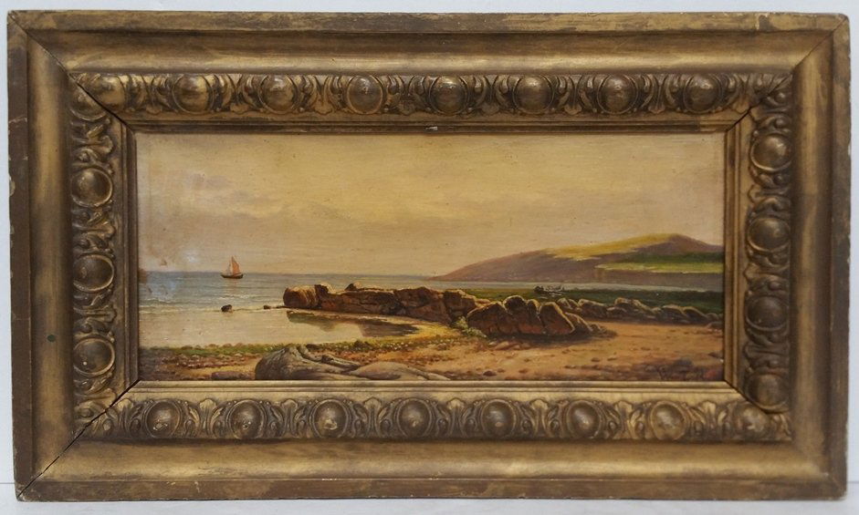 Attrib to William Trost Richards Hudson River Painting: Attributed to William Trost Richards Luminist Hudson River School Landscape Painting Boat Harbor Beach Painting with Monogram. Oil on panel, an apparent monogram is at lower right. Framed in elaborate