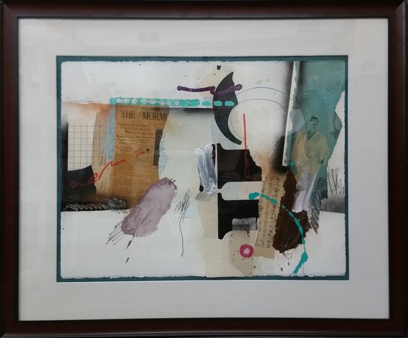 Mixed Media Painting Jonas Gerard Collage Vintage 1987: Original Mixed Media Painting Jonas Gerard Collage on Arches Paper Vintage 1987. Signed and dated 1987 upper middle left. Mixed Media on Arches Paper. Float Mounted. Displays mild toning and foxing, s