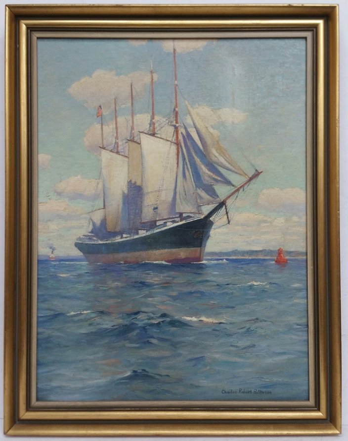 Charles Robert Patterson Sailboat Seascape Painting: Vintage Ship Portrait Marine Harbor Impressionist Seascape Nautical Sailboat Ocean Painting New York NY NYC Manhattan Assenheim Gallery Label Single Family Owner Provenance. Oil on canvas. Estate fres