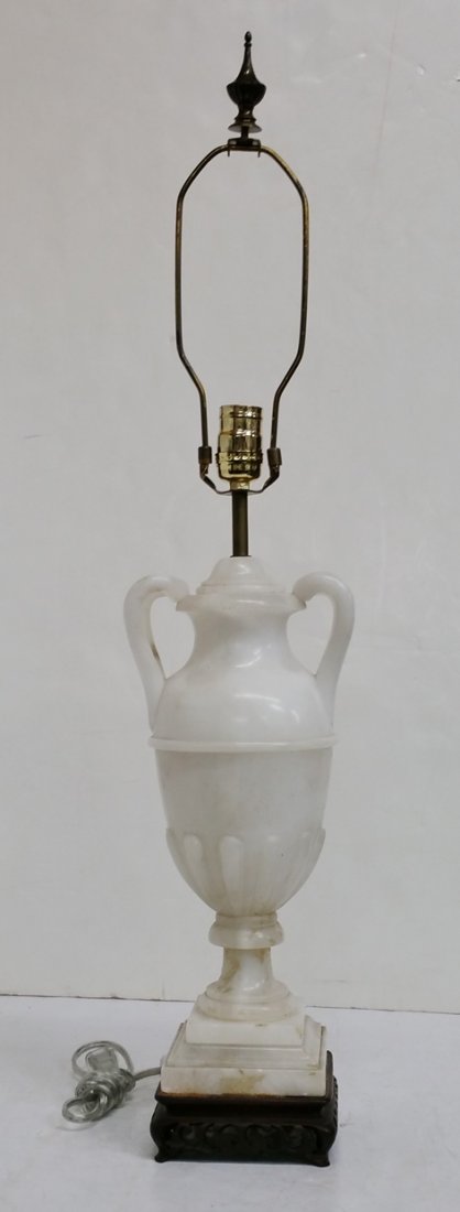 Italian Continental Alabaster Neoclassical Urn Lamp: Described By:Nikki HFA VX TCSTitle:Antique Italian Continental Alabaster Neoclassical Urn Table Lamp Chinese BaseDescription: Heavy antique Italian continental alabaster neoclassical urn table lamp wi