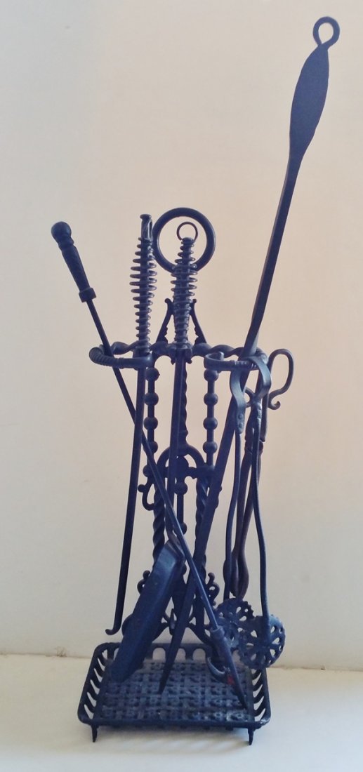 Antique Cast Iron Late Victorian 6pc Fireplace Tools: Described By:Nikki HFA VX TKSTitle:Antique Cast Iron Late Victorian 6pc Blacksmith Fireplace Tools With StandDescription: Lovely antique cast iron late Victorian 6 piece blacksmith fireplace tools wit