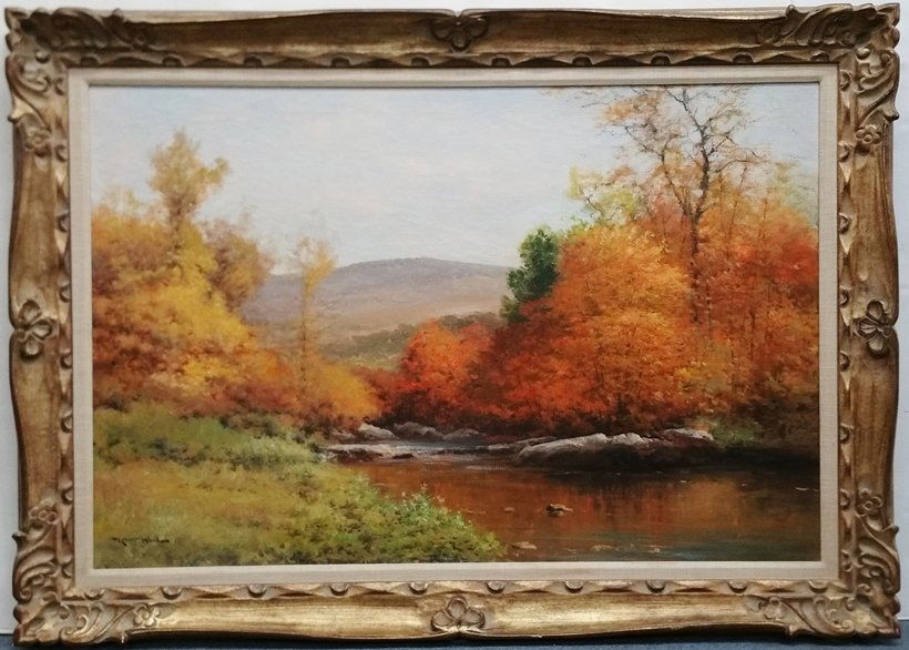 Robert Wood Painting In The Catskills Oil Landscape: Robert Wood Painting In The Catskills Seasonal Autumnal Landscape Oil Painting with Gallery Papers. Signed bottom left. Provenance: J.J. Gillespie Galleries, Pittsburgh Pennsylvania. Fresh from a loca