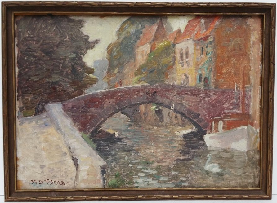 Yves d'Escars Estate Oil Painting Bruges: Yves d'Escars Estate Oil Painting Bruges Belgian Impressionist Bridge Petite Maitre Plein Air Discovery 1of 7. Signed bottom left. Oil on Board. Displays surface wear, dirty, a few scratches with pain