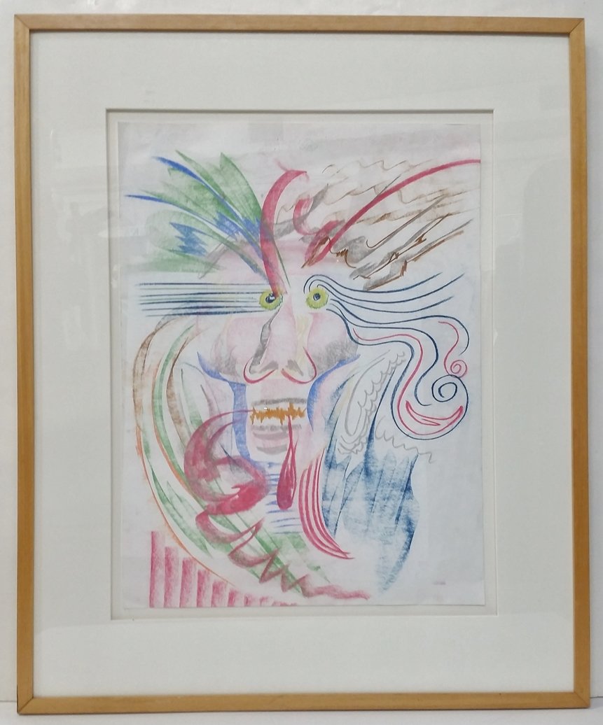 Large Crayon on Paper Abstract Portrait of a Man: Described and Photographed by: Amanda CNX 1109 No. 92Title: Large Crayon on Paper Abstract Portrait of a Man Description: This is a large abstracted portrait of a man. The portrait is very colorful an
