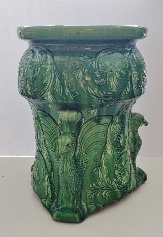 Lg Antique Figural Eagle Victorian Majolica Plant Stand: Described By:Nikki HFA VX.1 TOK Title:Large Antique 19in x 14in Figural Eagle Victorian Majolica Plant Stand Garden Seat Bench Signed AR Description: Gorgeous large antique figural eagle and floral gr