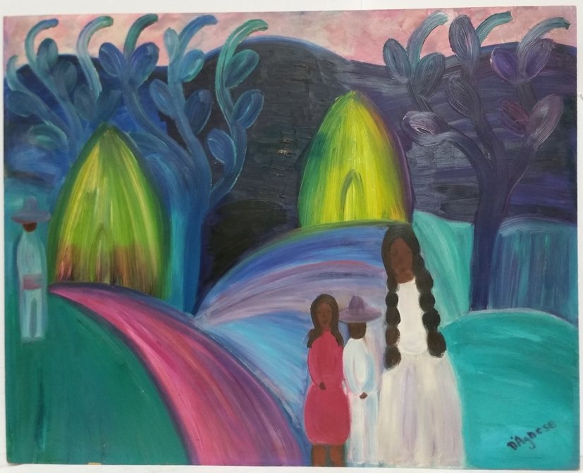 Helen d’Agnese Central American Landscape Oil Painting: Title:Helen d’Agnese Central American Landscape Oil Painting 2Description: Helen d’Agnese Central American Family Landscape Oil Painting 2. Oil on Masonite type board. Signed bottom right. Provena