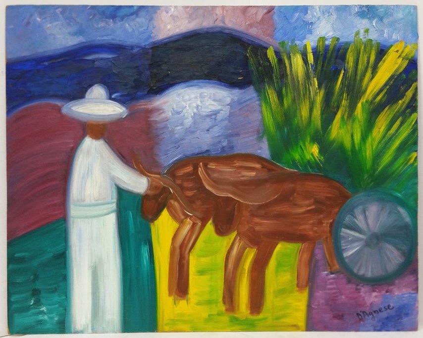 Central American Landscape Helen d’Agnese Oil Painting: Title:Central American Landscape Helen d’Agnese Oil Painting 3Description: Central American Helen d’Agnese Southwestern Ox Cart Corn Harvester Landscape Oil Painting. Oil on Masonite type board. S
