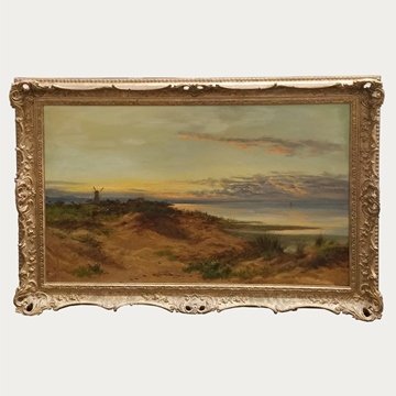 Large Daniel Sherrin Sunset Windmill Landscape: Title: Large Daniel Sherrin Sunset Windmill Landscape Evening LincolnshireDescribed By:Nikki HFA VX TUKSDescription:Serene large Daniel Sherrin painting of a windmill in a sunset landscape titled Even