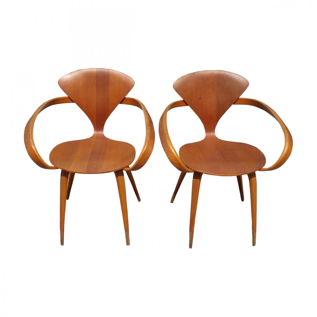 Pair Norman Cherner Plycraft Signed Bentwood Arm Chairs: Described By:Nikki HFA VX TUSS Title: Pair Norman Cherner Plycraft Signed Bentwood Arm Chairs Midcentury Modern Description:Funky pair of Norman Cherner Plycraft signed bentwood midcentury modern arm