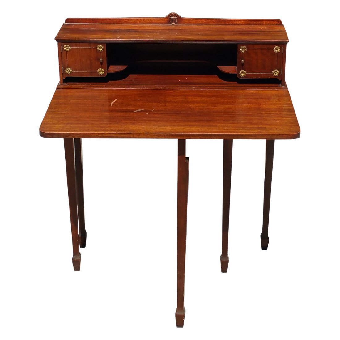 John Raab Chair Co Grand Rapids Antique Small Desk: Title: John Raab Chair Co Grand Rapids Antique Small Gate Leg Writing Desk Compartmental Circa 1910 Mahogany Dropleaf to Restore Signed. Described by: Nikki HFA DBJQ TQSS Description: This well-appoin