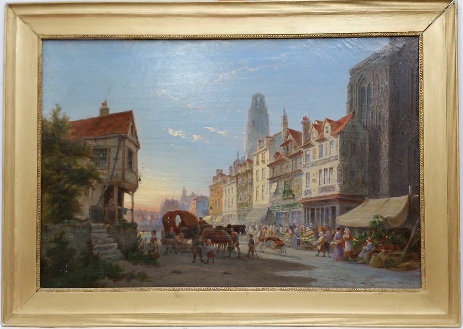 Pieter Cornelis Dommersen Rouen France Oil Painting: Pieter Cornelis Dommersen (Dutch, 1934-1908) Rouen France Market Street Scene European Sunset Landscape Genre Painting. Oil on Canvas. Frame. Signed Lower right P.C. Dommersen and dated 1908, titled v