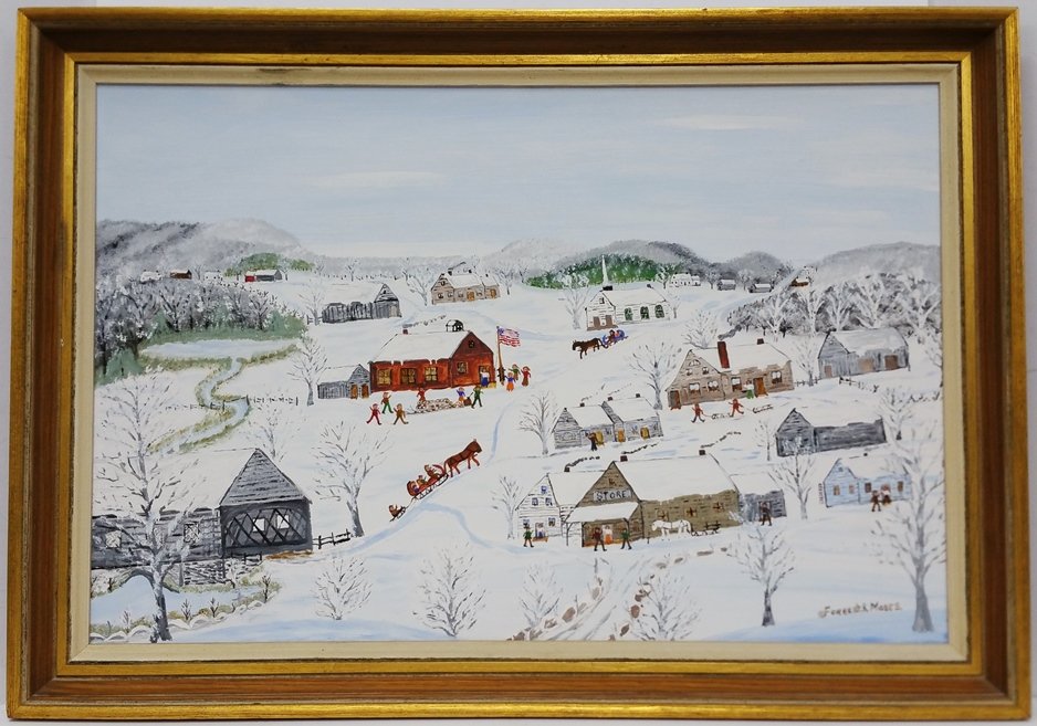 Forrest K Moses Winter Landscape Painting School: Title: Forrest K Moses Winter Landscape Painting Red School House. Signed lower right. One of Two in Auction Description: Inventory label Number 454, dated Nov.68, Eagle Bridge, New York. Forrest King