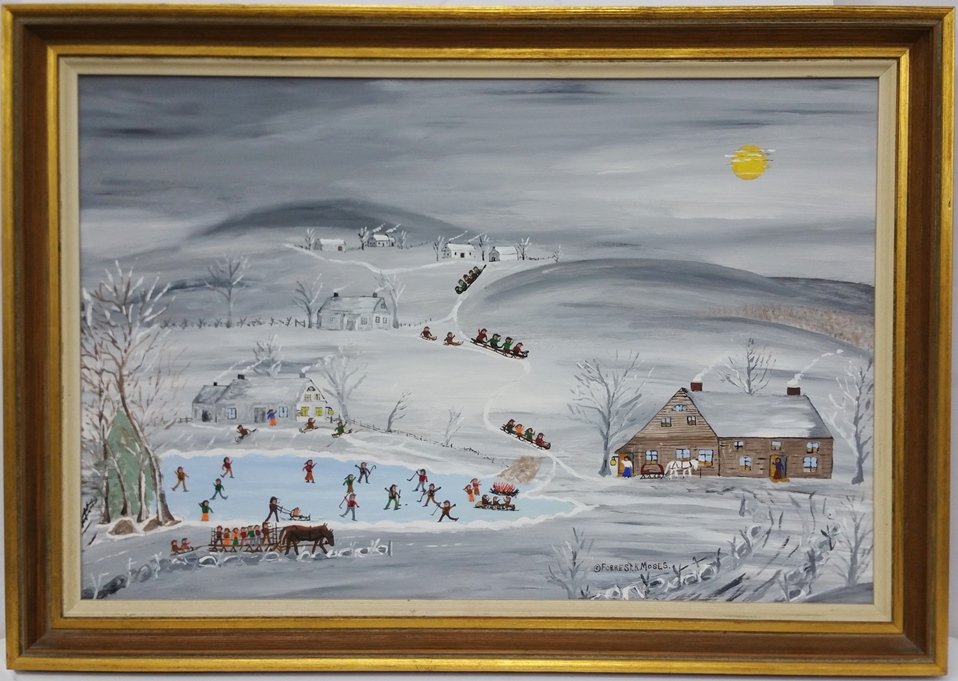 Forrest K Moses Painting Winter Landscape Sleighing: Forrest K Moses Painting Winter Landscape Moonlight Sleighing. Signed lower right. Inventory label Number 455, dated Dec.68, Eagle Bridge, New York. Forrest King Moses (1893-1974) was the son of Grand