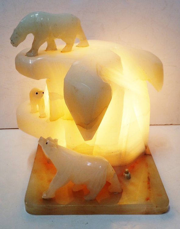 Lg Art Deco Alabaster Polar Bear Iceberg Lamp: Description: Large Art Deco Alabaster Polar Bear Iceberg Arctic Table Lamp Works 11x10x11.25 inches. Has great Mid Century Provenance being from the collection of Miss Pennsylvania 1951 MGM and Epic r