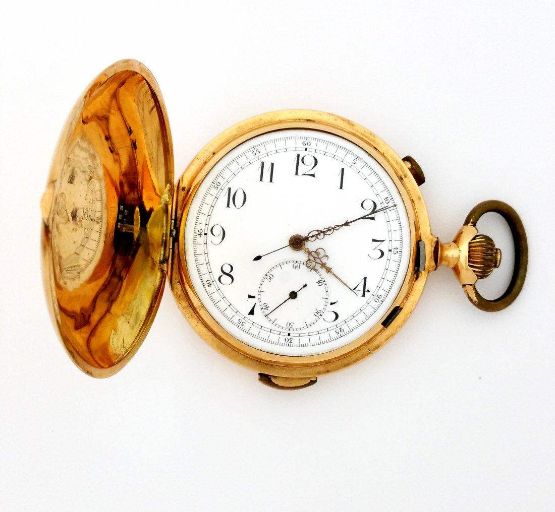 Huge 57mm Repeater Chronograph 14K Gold Pocket Watch: Described by:Brandon CNX CNX 1133 4301 Title:Huge 57mm Repeater Chronograph 14K Gold Pocket Watch For German Market Description:Beautiful watch, that starts, stops, and flies back, but does not always