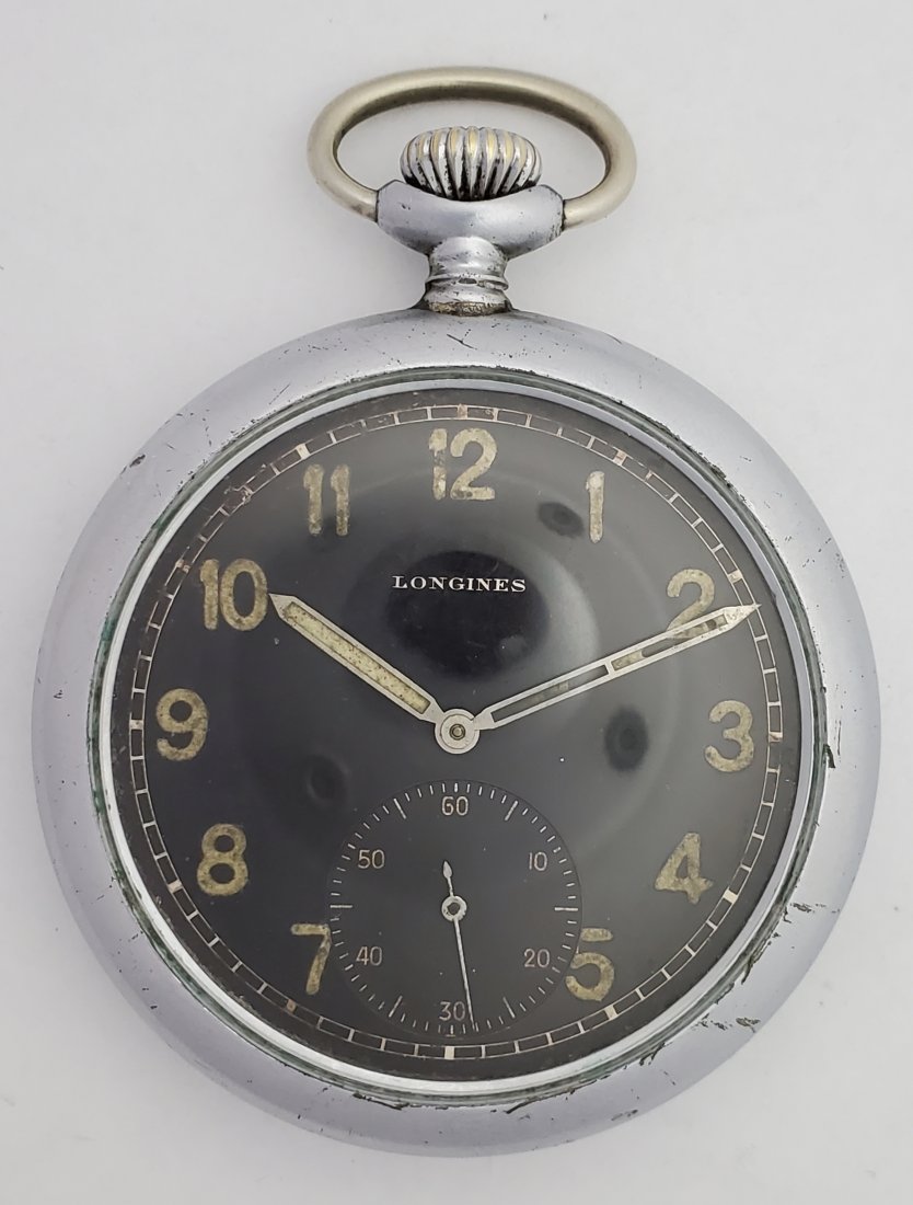 Rare Black Dial Longines Military D 3 H Pocket Watch: Title: Rare Black Dial Longines Military D 3 H 19.71N Large Pocket Watch Description: Up for auction is a rare black-dialed Longines military watch. The watch has “D 3 H” engraved on the caseback.