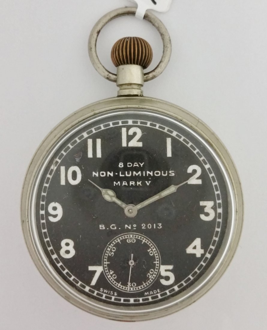 Mark V 8 Day Octava Swiss Birch Gaydon Pocket Watch: - Title: Mark V 8 Day Octava Swiss Birch Gaydon Pocket Watch WWII - Description: A cool World War II era 8 day pocket watch by Swiss watch company Octava Watch Co. The dial is Birch Gaydon, and black 