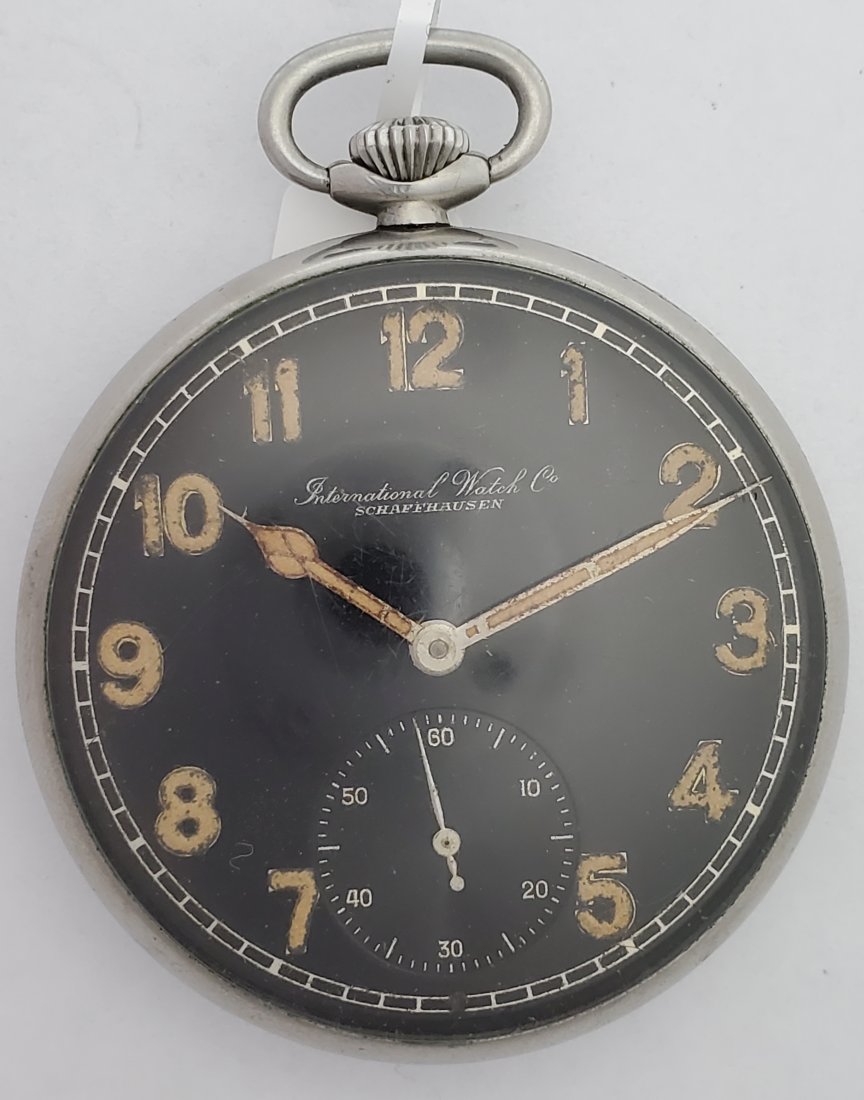 IWC Black Dial Pocket Watch WWII: Title: IWC Black Dial Pocket Watch WWII Description: Up for auction is an awesome IWC black dial pocket watch from WWII. This watch is in good condition for its age. The hands and hour markers have a 