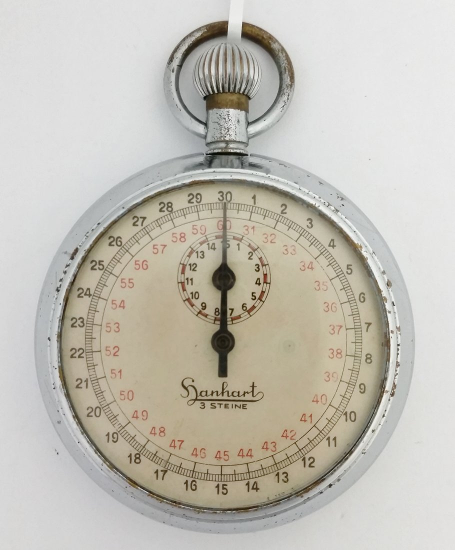 German Hanhart KM Stopwatch Timer WWII Era: Title: German Hanhart KM Stopwatch Timer WWII Era Description: A World War II era stop watch or timer made by German watch company Hanhart. This stopwatch has 30 second and 15 minute dials. Manufactur