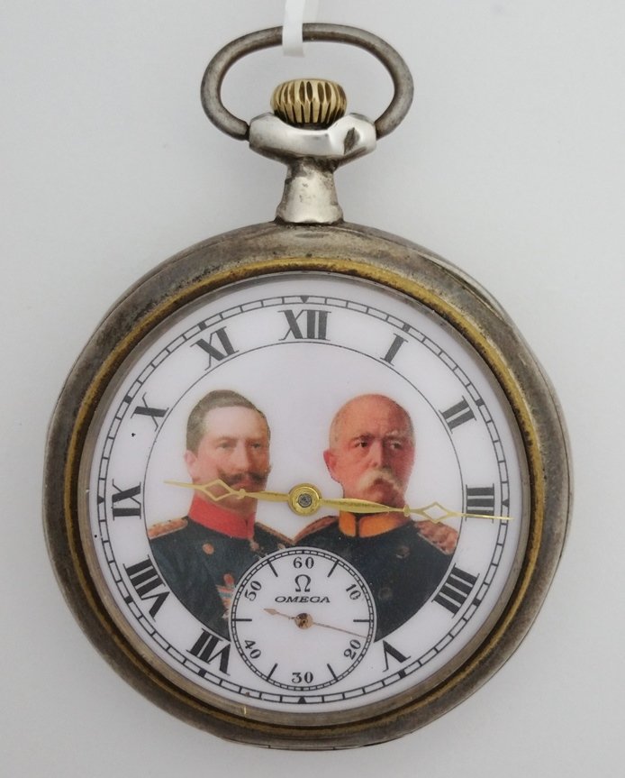 Omega WWI Kaiser Portrait Porcelain Dial Silver Watch: Title:Antique Omega WWI Kaiser Double Portrait Porcelain Dial Silver Pocket Watch Description: Antique Omega WWI Kaiser Double Portrait Porcelain Dial Silver Pocket Watch Size:51.5mm wide, 14mm thick 