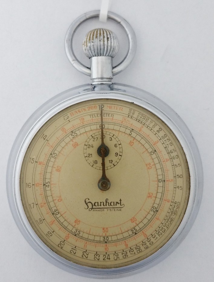 WWII Hanhart Artillery Stop Watch: Description: WWII Hanhart Artillery Stop Watch Size:51.5mm wide, 14mm thick Condition:Displays minor overall wear, the crystal is yellowed Movement Condition:Movement is running, and stop watch wor