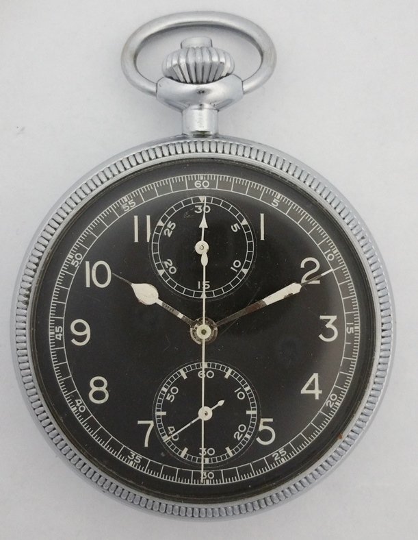 Breitling Military Navigational Chronograph Watch: Description: Cool Breitling Military Navigational Black Dial Chronograph Running Pocket Watch Size:50mm wide, 13mm thick Condition:Displays minor overall wear Movement Condition:Movement is running
