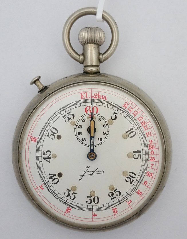 German WWII Junghans KM Artillery Stop Watch: Description: German WWII Junghans KM Artillery Stop Watch Size:54mm wide, 14mm thick Condition:Displays minor overall wear Movement Condition:Movement is running and stop watch starts stops and fli