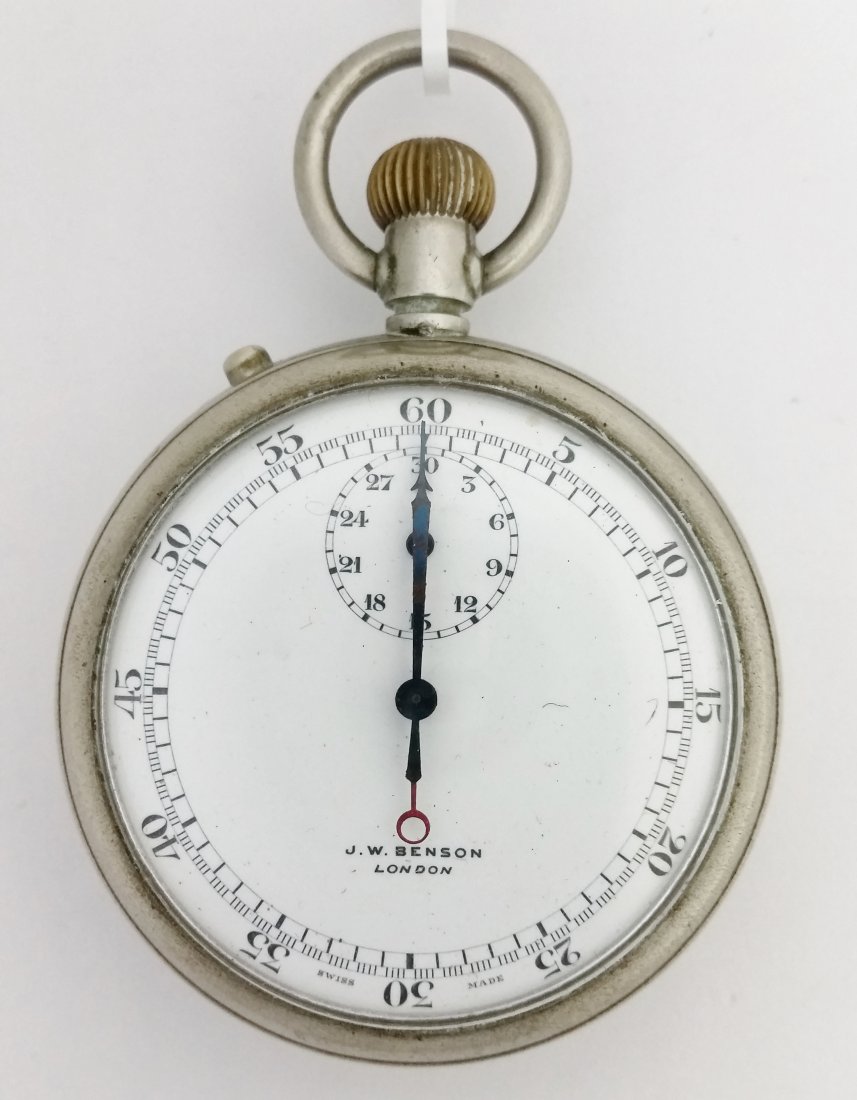 JW Benson Swiss Mvmt British Split Second Stop Watch: Title: JW Benson Swiss Mvmt British Split Second Stop Watch Timer Description: A British stopwatch or timer with a Swiss movement from the first half of the twentieth century. It’s a split second ti