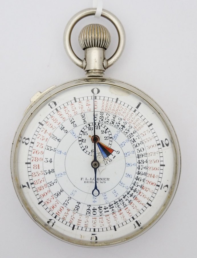 WWII F.L. Lobner Berlin W9 Artillery Stop Watch: Description: WWII F.L. Lobner Berlin W9 Artillery Stop Watch Size:57mm wide, 16mm thick Condition:Displays minor overall wear Movement Condition:Movement is running and stop watch starts stops and