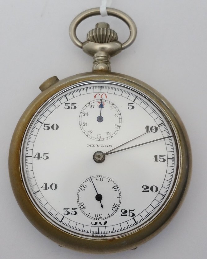WWII Meylan Split Second Timer Watch: Description: WWII Meylan Split Second Timer Watch Size:50mm wide, 15mm thick Condition:Displays minor overall wear Movement Condition:Movement runs briefly but stop watch does not start stop or fly