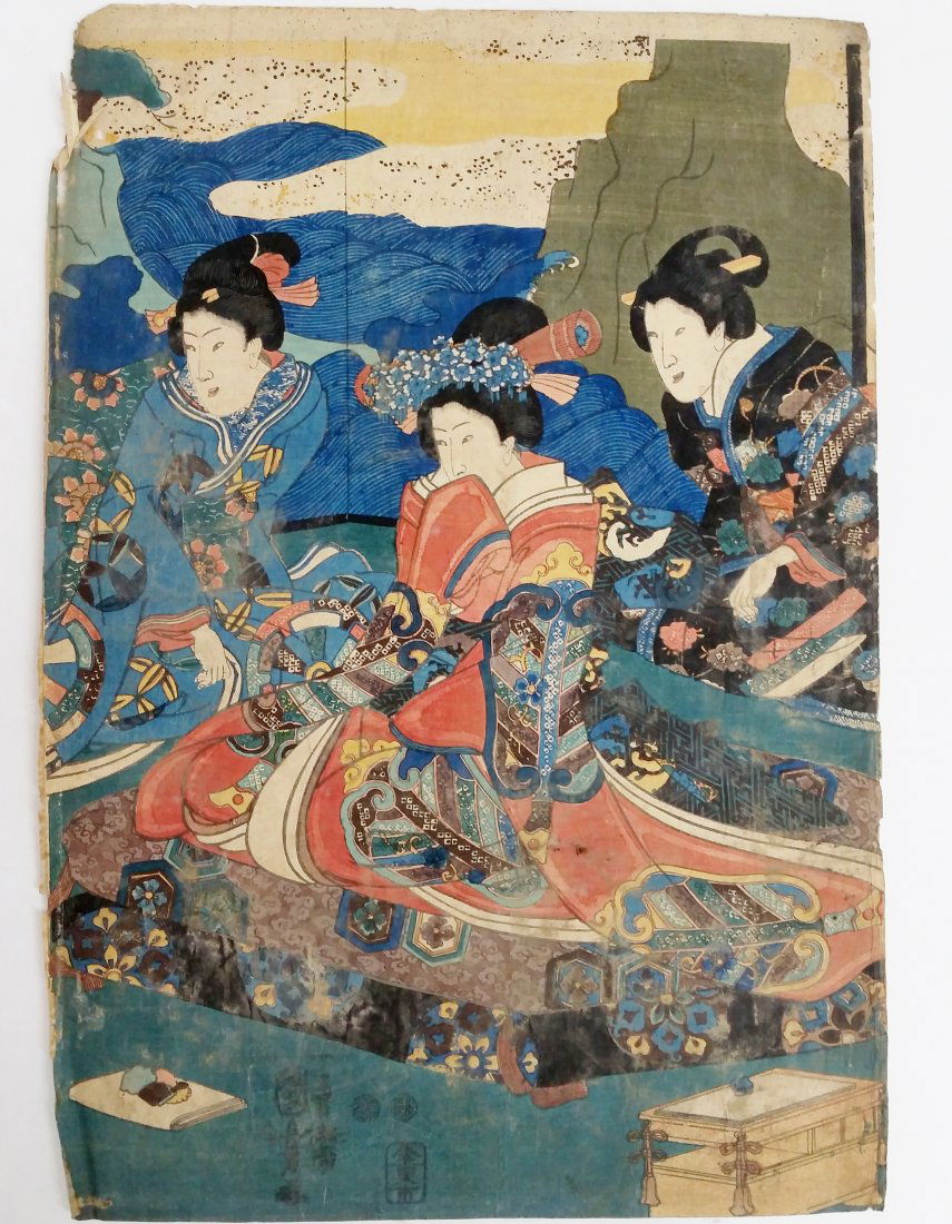 1851 Utagawa Kuniyoshi Prince Genji Triptych Woodblock (1 of 5)