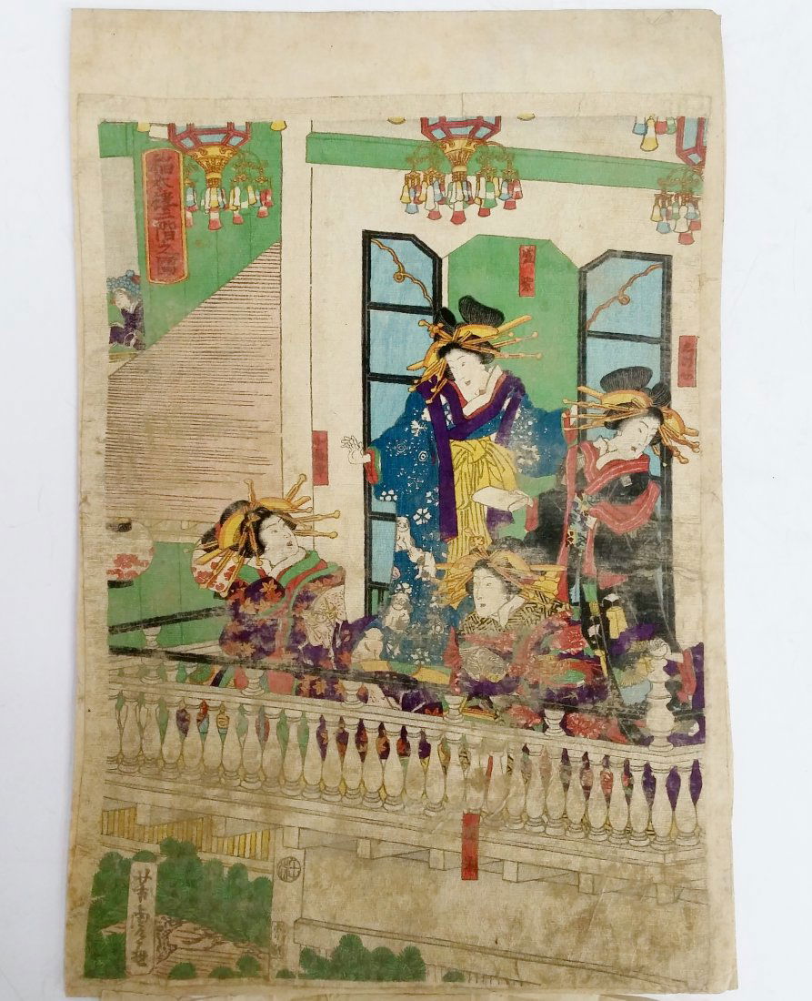 Antique Silk Woodblock Print Geisha Ukiyo-e (1 of 7)