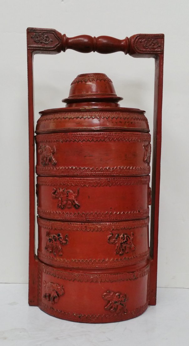Chinese Tall Cinnabar Lacquer Carved Lunchbox Stacking (1 of 6)