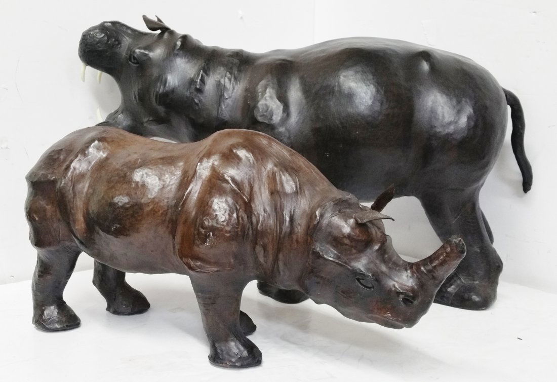 Large Vintage Leather Hippo Rhino Statues (1 of 12)